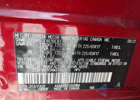 2022 Toyota Rav4 Xle from USA, damaged, VIN 2T3P1RFV5NW314524